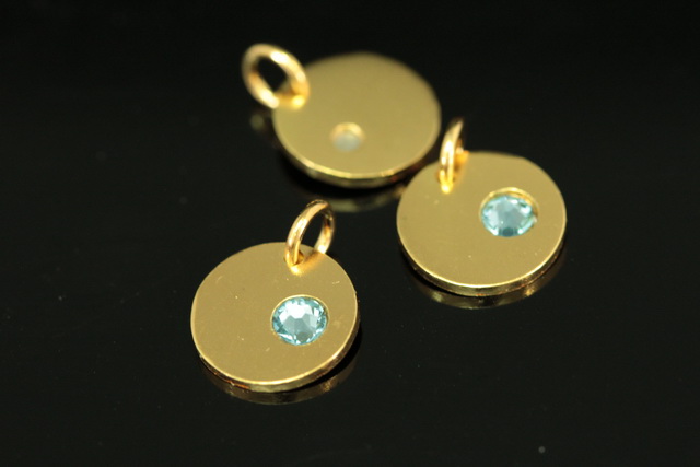 KG-581 thai karen hill tribe silver 1 gold vermeil round disc charm open jump ring with swarovski crystal birthstone(Mar:Aquamarine)