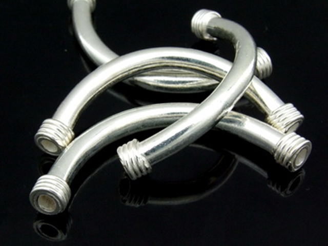 KS-030 Thai karen hill tribe handmade silver 1 long plain curved tube bead 