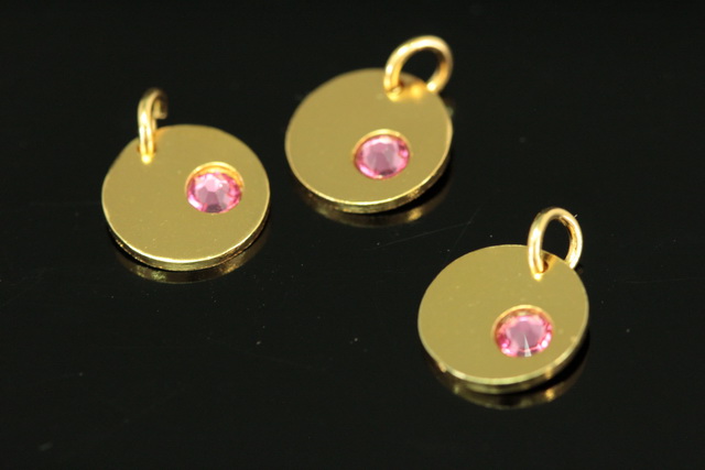 KG-588 thai karen hill tribe silver 1 gold vermeil round disc charm open jump ring with swarovski crystal birthstone(Oct:Rose)