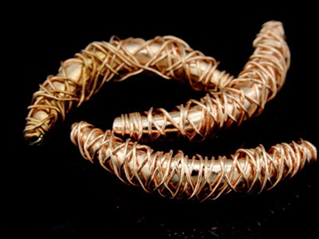 KZ-010 24K rose gold vermeil thai karen hill tribe handmade silver 1 swirl wire wrap curved tube bead 