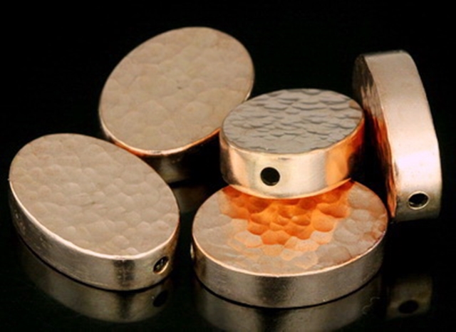 KZ-220 Thai karen hill tribe silver 1 rose gold vermeil hammered cylinder oval shaped bead