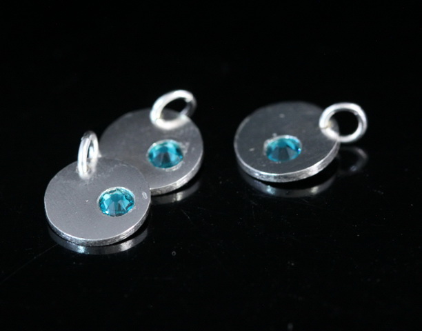 8KH-125 thai karen hill tribe silver 1 round disc charm open jump ring with swarovski crystal birthstone(Dec:Blue Zircon)