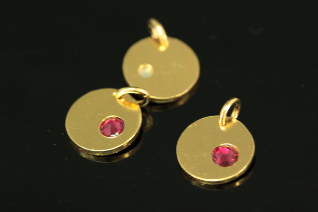 KG-585 thai karen hill tribe silver 1 gold vermeil round disc charm open jump ring with swarovski crystal birthstone(Jul:Ruby)