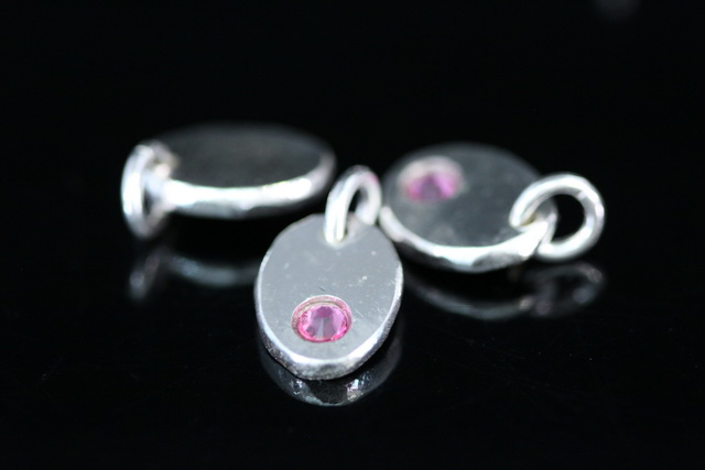 8KH-135 thai karen hill tribe silver 1 pebble charm open jump ring with swarovski crystal birthstone(Oct:Rose)