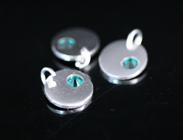 8KH-118 thai karen hill tribe silver 1 round disc charm open jump ring with swarovski crystal birthstone(May:Emerald)