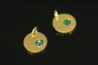 KG-583 thai karen hill tribe silver 1 gold vermeil round disc charm open jump ring with swarovski crystal birthstone(May:Emerald)
