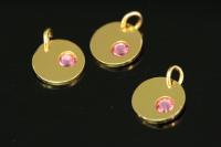 KG-588 thai karen hill tribe silver 1 gold vermeil round disc charm open jump ring with swarovski crystal birthstone(Oct:Rose)