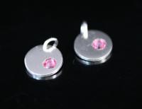 8KH-123 thai karen hill tribe silver 1 round disc charm open jump ring with swarovski crystal birthstone(Oct:Rose)