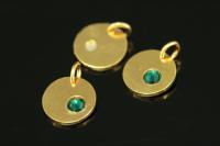 KG-583 thai karen hill tribe silver 1 gold vermeil round disc charm open jump ring with swarovski crystal birthstone(May:Emerald)